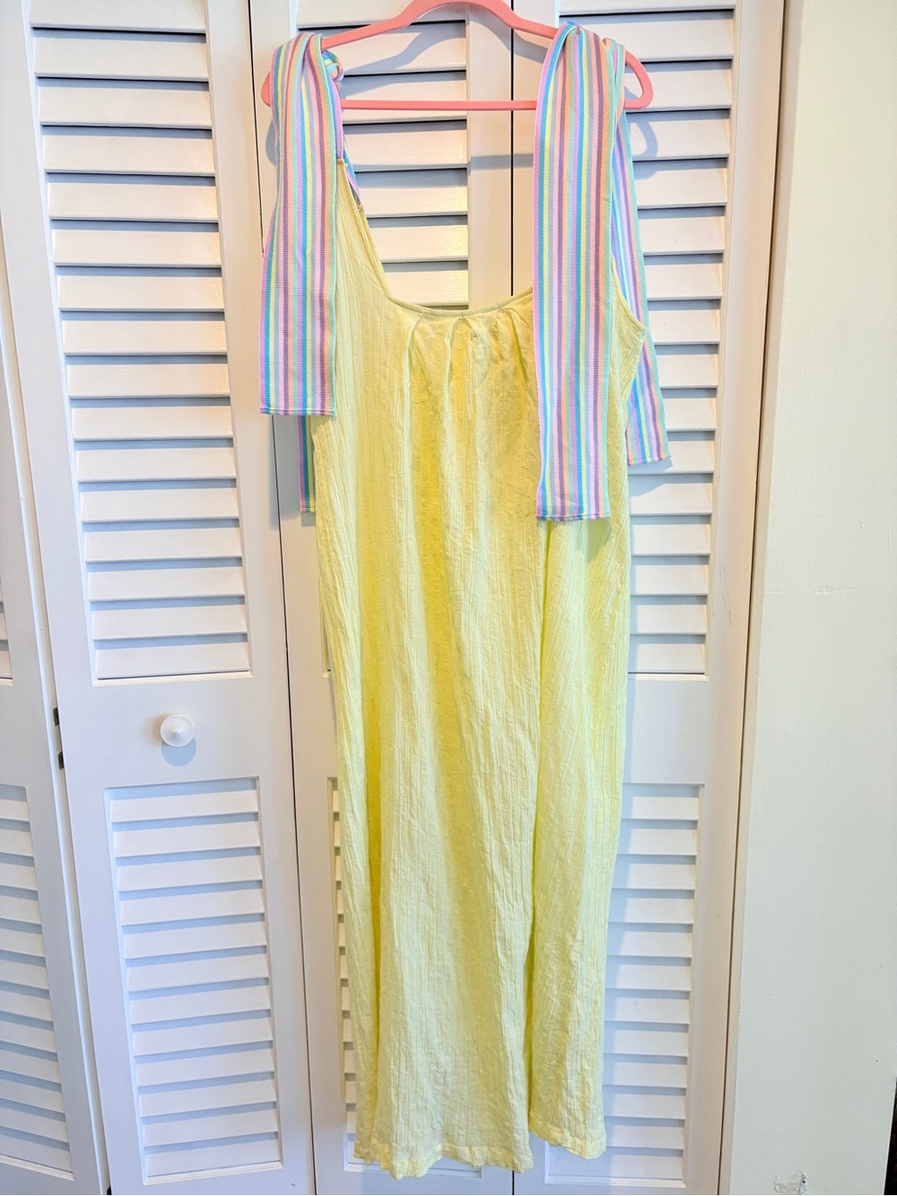Pitusa Dress Gauzey Ribbon Tie Shoulders Midi Sundress Yellow Pastel Rainbow PS - Picture 4 of 8